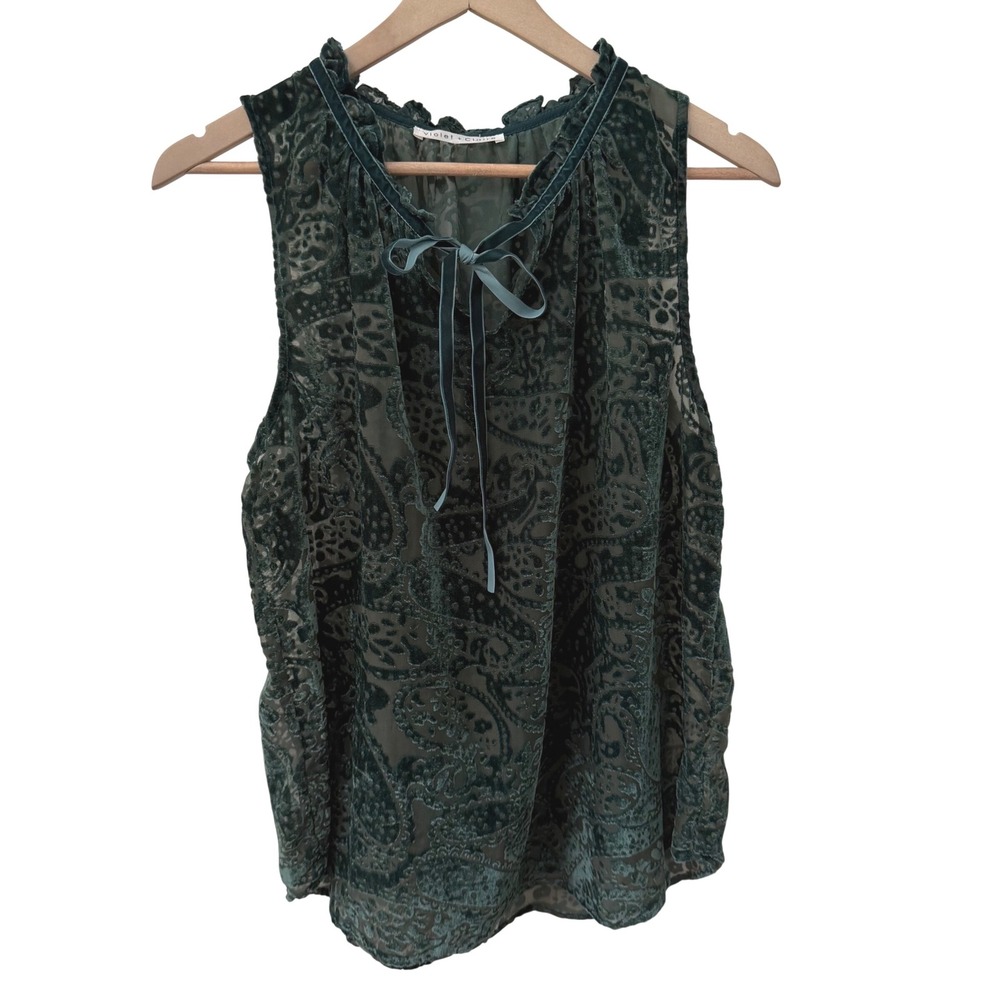 Violet + Claire Blouse Large Green Burnout Velvet‎ Paisley Ruffle Tie Sleeveless